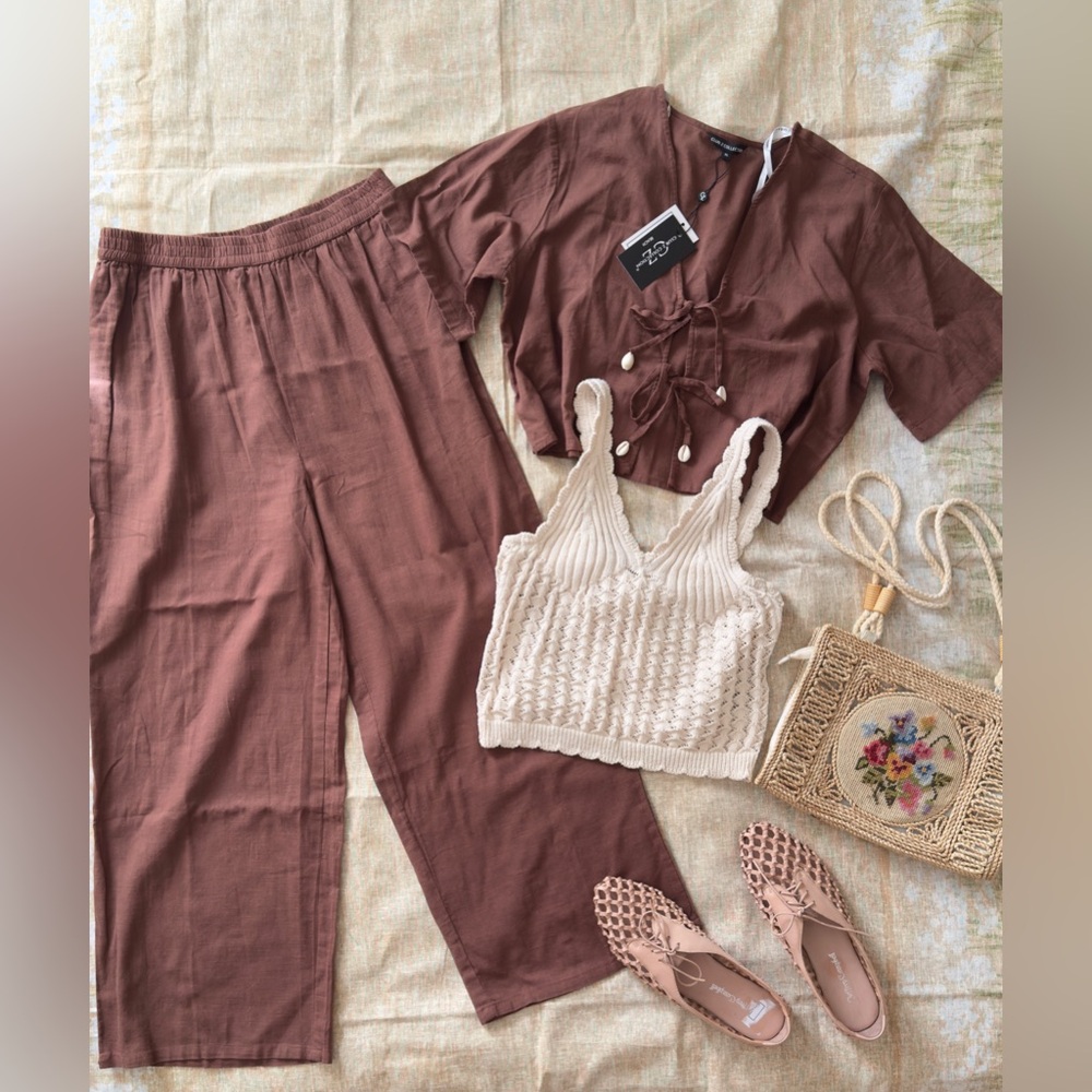 Women's New Relaxed Wide Leg Pants Set Brown